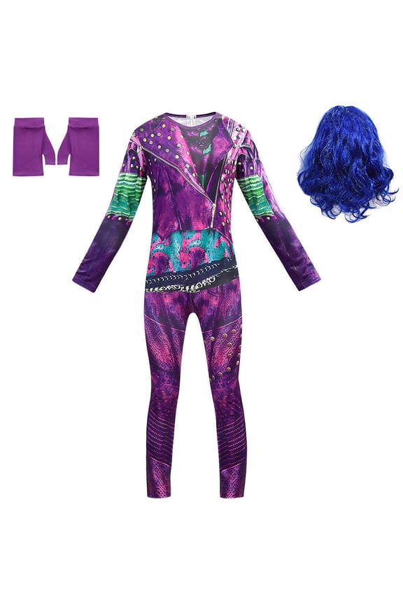 Girls 3D Printed Magic Villain Jumpsuit w/Gloves Wig Rebel Fairy Costume Long Sleeve Bodysuit for Halloween Dress Up