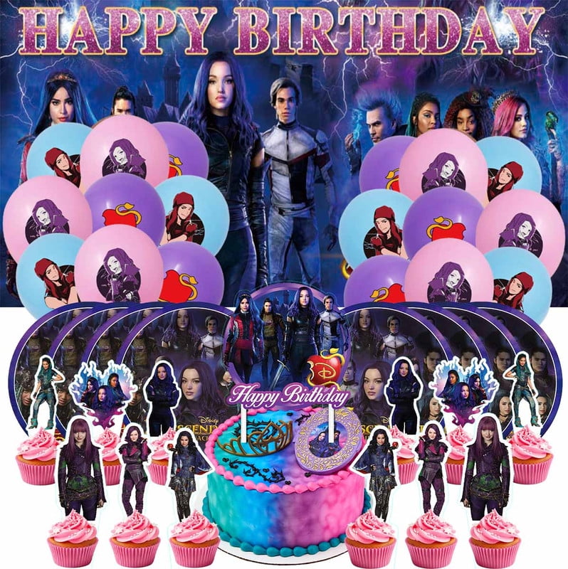 Descendants Party Supplies Set Balloons Tableware Decorations Birthday Paper Plates Cake Topper Decor Banner Backdrop