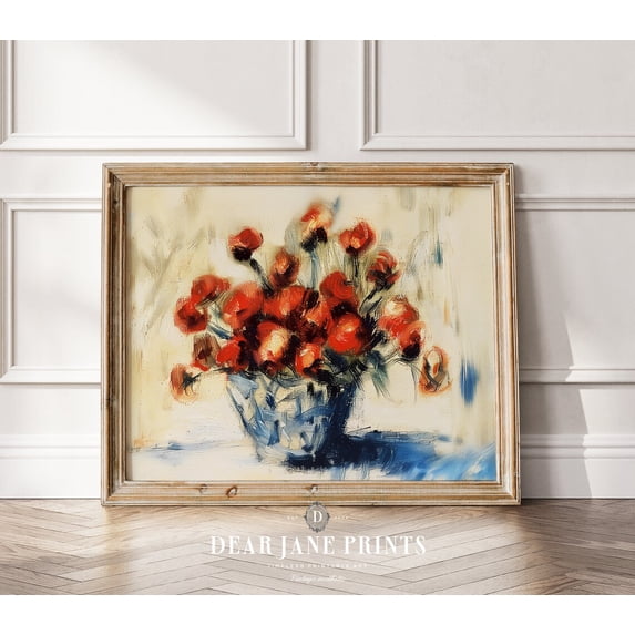 Descent of the Balloon Neptune Albert Tissandier Vintage Art Vibrant Vintage Blooms Red Flowers French Vase Academia Art, UNFRAMED Size 16x16