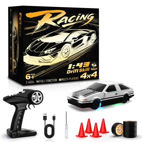 Desdoni RC Drift Car, 1/43 Mini RC Drift with Gyro, 2.4GHz Full Proportional Control, 20KM/H 4WD High Speed Remote Control Alloy, LED Lights & Drift Tires, Toys Gift for Adults, Boys and Girls Y101