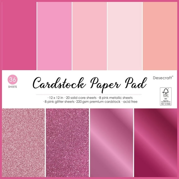 Desecraft 36 Sheets 12x12 Pink Cardstock Scrapbook Decorative Paper - 220gsm Pink Solid Glitter Shimmer - for Card Making Journaling Origami Scrapbook Paper Scrapbooking Supplies Spring