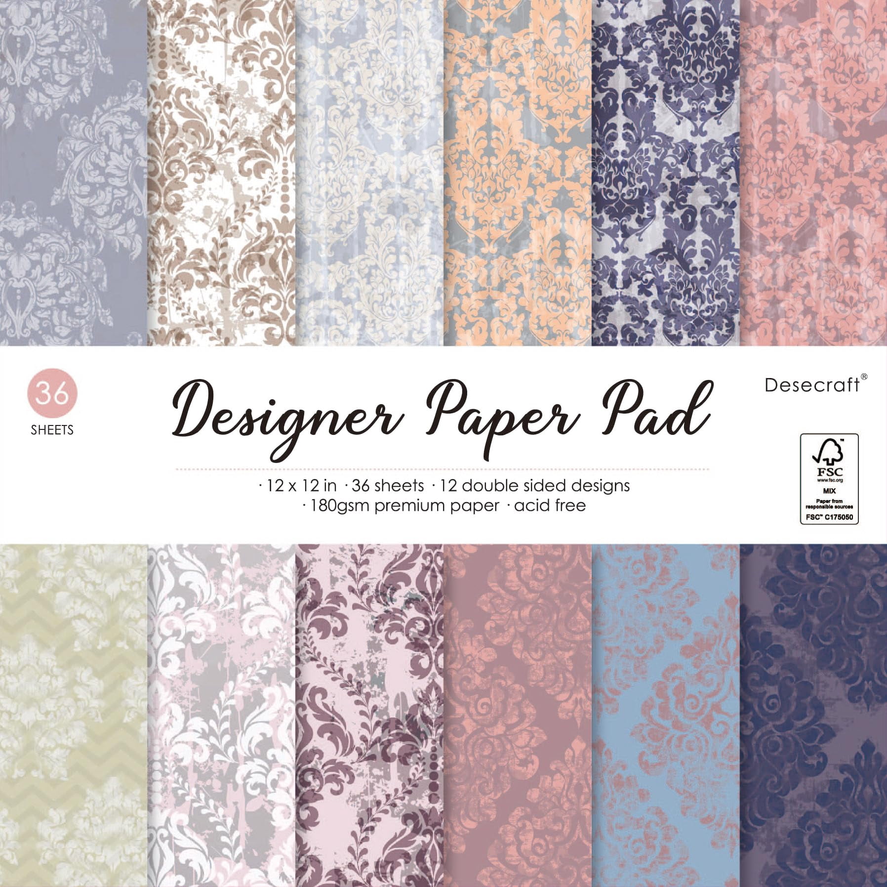 Desecraft Embossed Foil Paper Pad - 12x12 Inches, 24 Sheets Pastel Cardstock For Scrapbooking & Card Making