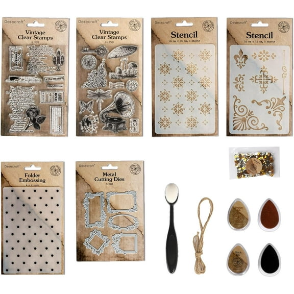 Desecraft Vintage Rubber Stamp Set Stencil Ink Card Making Beginner Stamper Card Kit