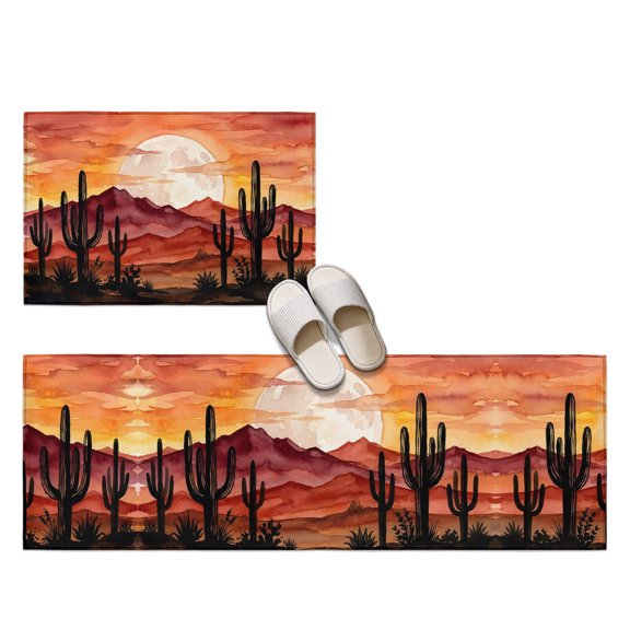 Desert 2 Pieces Non-Slip Kitchen Mat Set, Nature Cactus Moon Red Mountains Landscape Soft Door Mat with Rubber Backing, Dirtproof Rugs for Entrance Doorway, 19.7x31.5in+19.7x47.2in