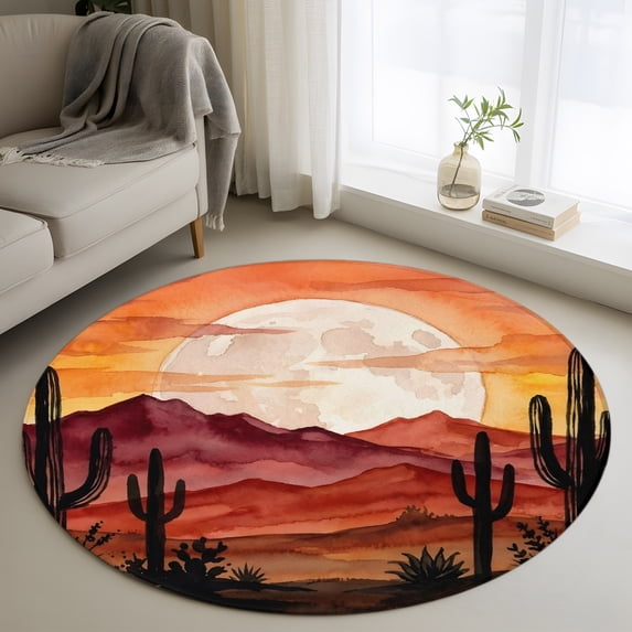 Desert 3' Round Rug for Bathroom Accent Bedside Corner, Nature Cactus ...