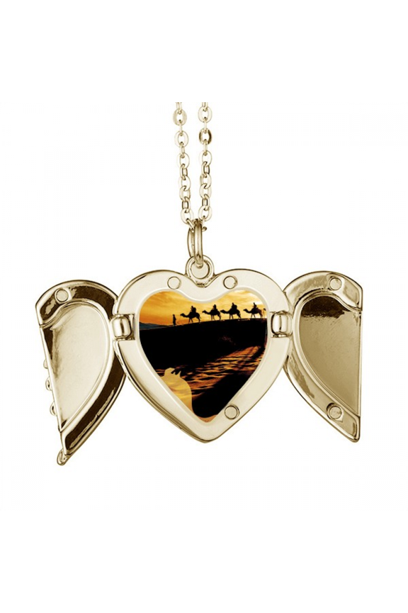 Desert Along the Way to the Silk Road Map Camel Folded Wings Peach Heart Pendant Necklace