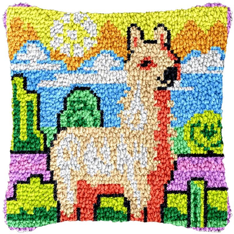 Desert Alpaca Latch Hook Pillow Cover Kits for Needlework Cushion Throw Pillow Cross Stitch Crochet Hook Pillowcase Rug Kits Printed Canvas Crochet Yarn Kits Needlework 17'' X 17''