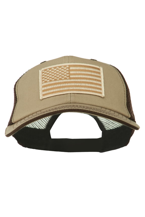 Desert American Flag Patched Big Size Washed Mesh Cap - Khaki Brown XL-3XL