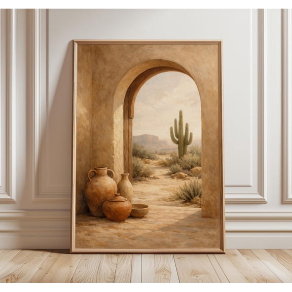Desert Archway Wall Art Southwestern Cactus Print Neutral Desert Landscape Adobe Pottery Artwork Warm Minimal Wall Art, Unframed Paper Print