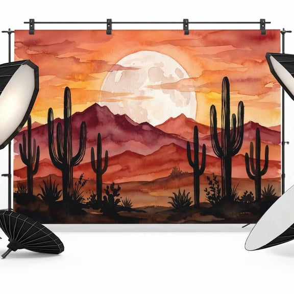 Desert Backdrops for Photography, Nature Cactus Moon Red Mountains Landscape Fabric Photo Background Sturdy Studio Props for Photo Studio, Video Recording, Booth & Photoshoot 7x5ft