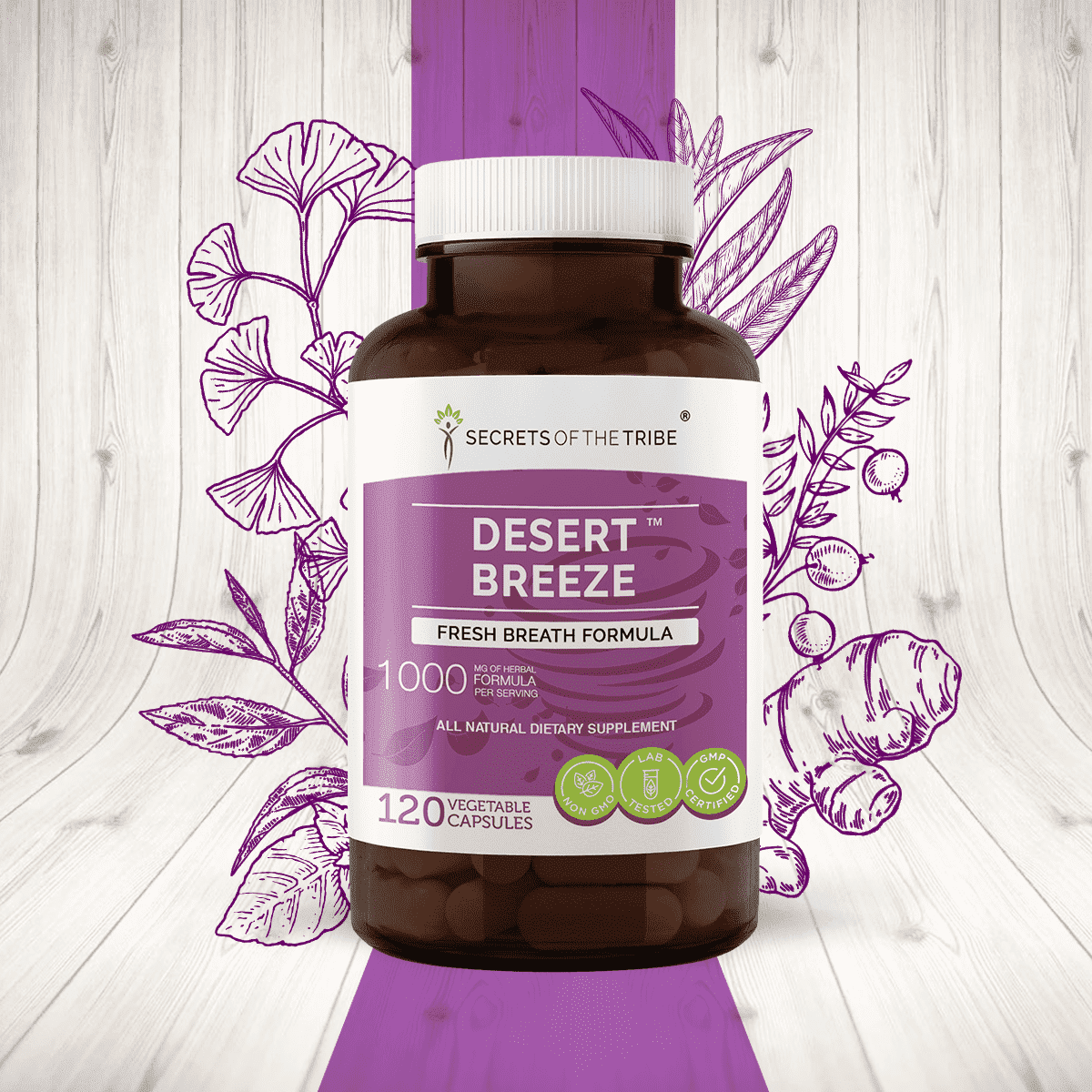 Secrets of the Tribe Desert Breeze Capsules Dietary Supplement, Natural Herb Blend, Made from Sage, Green Tea, Ginkgo, Cranberry, Turmeric, Peppermint 120 Count