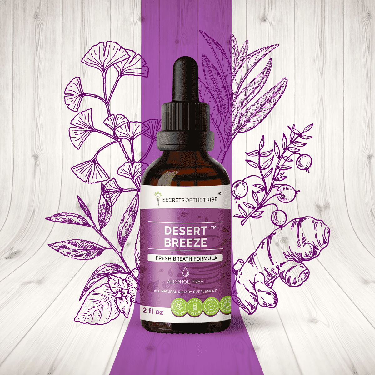 Secrets Of The Tribe Desert Breeze Blend Tincture Dietary Supplement, Natural Extract, Made from Sage, Green Tea, Ginkgo, Cranberry, Turmeric, Peppermint 2 oz