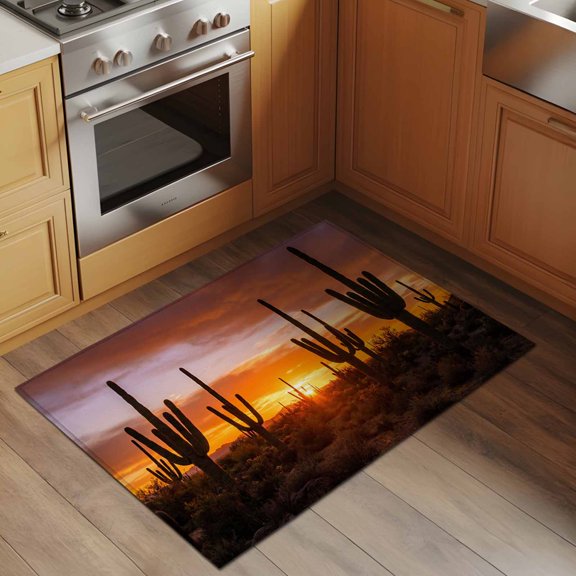 Desert Cactus 2x3 Rug for Entryway Front Door Kitchen Sink Area, Sunset Plant Nature Landscape Modern Low Pile Washable Non Slip Rectangle Area Rug