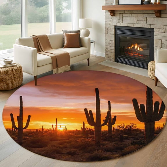 Desert Cactus 7ft Round Rug for Living Room Conversation Area, Sunset Plant Nature Landscape Modern Washable Non Slip Large Circle Area Rug
