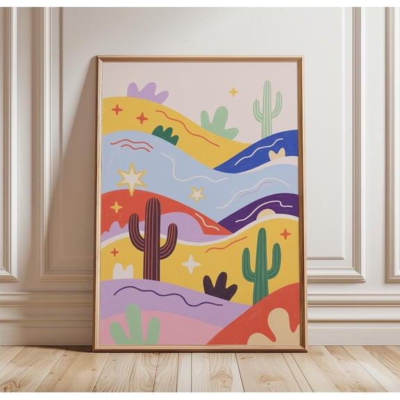 Desert Cactus Abstract Landscape Boho Southwestern Retro Folk Decor Unframed Paper Print