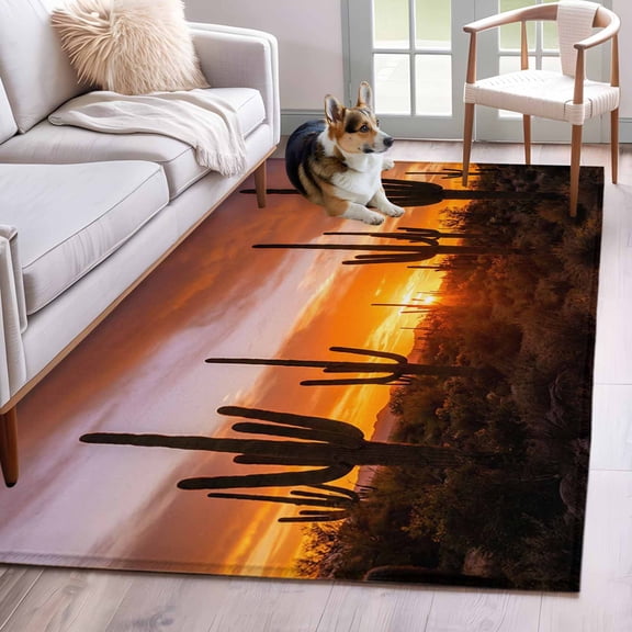 Desert Cactus Area Rugs 3x5 ft Sunset Plant Nature Landscape Modern Washable Rug Non Slip Indoor Carpet Absorbent Floor Mat for Living Room Bedroom Dining Room