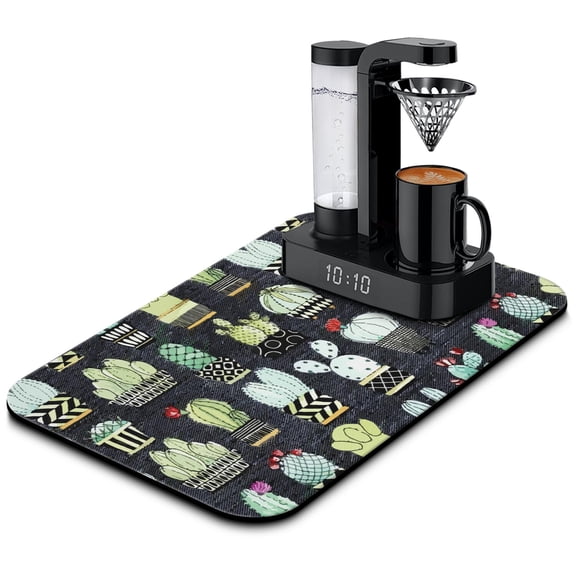 Desert Cactus Art Dish Drying Mat, Southwestern Style Succulent Coffee Mat, Absorbent Diatom Mud Kitchen Pad with Retro Botanical Cactus Illustration