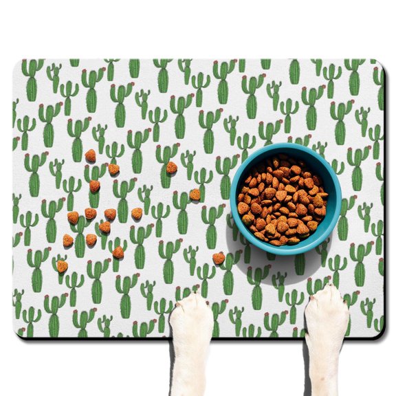 Desert Cactus Art Dog Bowl Mat - Absorbent Non-Slip Pet Placemat - Waterproof Food Catcher with Vintage Aesthetic - Multi-Layer Structure - Easy Clean