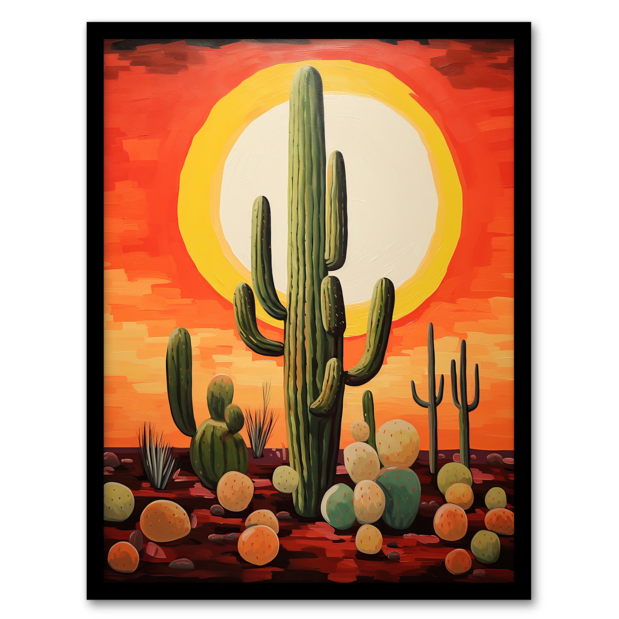 Desert Cactus At Noon Artwork Painting White Hot Sun Red Yellow South  America La Guajira Art Print Framed Poster Wall Decor 12x16 inch