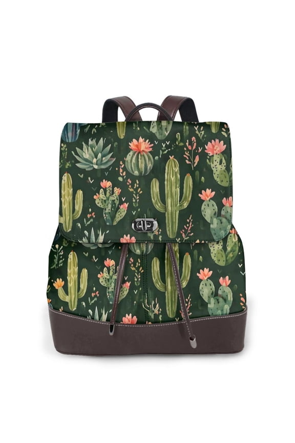 Desert Cactus Botanical Women's Leather Backpack All-Over Print Bag for Work and Travel