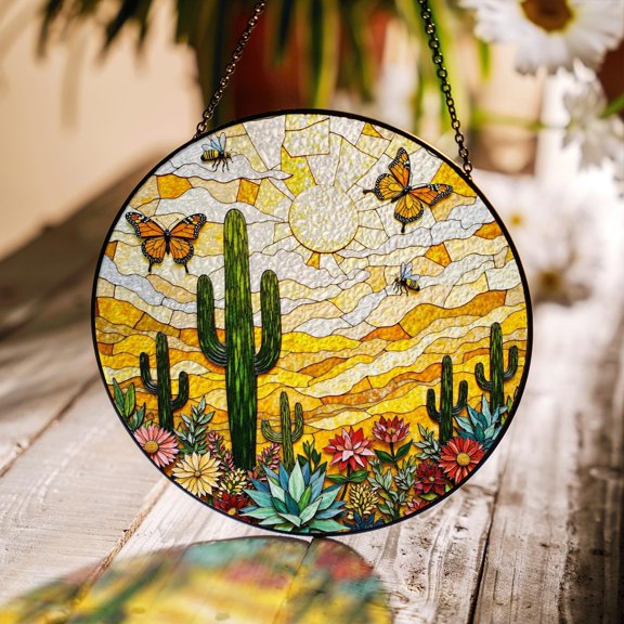 Desert Cactus Butterfly Scene Glass Suncatcher, Handmade Decor, 6.3 in