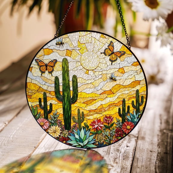 Desert Cactus Butterfly Scene Glass Suncatcher, Handmade, for Mom, 3.5 in