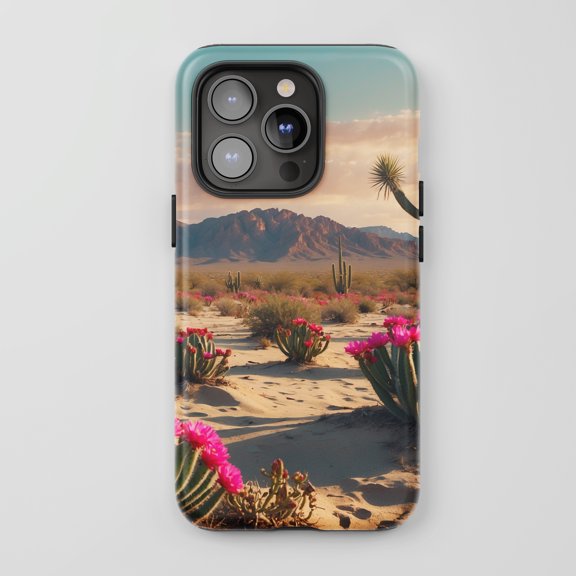 Desert Cactus Flowers For All iPhone Series Protective Phone Case Nature Landscape Pink Green Desert Sunset
