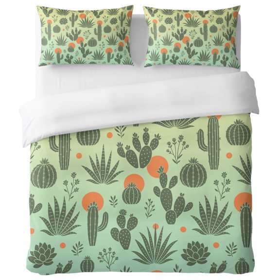 Desert Cactus Full Duvet Cover Set, Summer Botanical Minimalist Green Orange Sun Dots Decorative 3 Piece Bedding Set with Zipper Closure Soft Breathable Microfiber Comforter Cover & 2 Pillowcases