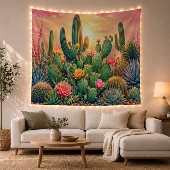 Desert Cactus Garden with Sunset Tall Columnar Saguaro, Serene Watercolor for Plant Lovers, Desert Botanical Wall Art, Halloween Gift, Tapestry Wall Hanging for Bedroom and Dorm