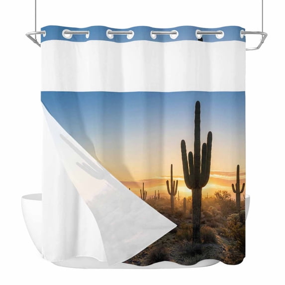 Desert Cactus No Hook Shower Curtain with Snap in Liner Sunrise Plant Nature Landscape Modern Waterproof Bathroom Shower Curtain with See Through Top Window for Bathtub 72" x 72"