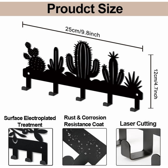 Desert Cactus Key Holder Wall Mount 4.79.8inch Sunshine Cacti Metal Towel Hook Coat Hanger with 5 Hooks Black Sandy Plants Wall Decorative Key Rack for Entryway Hallway Kitchen Office