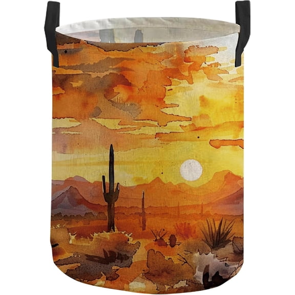 Desert Cactus Laundry Basket with Rope Handles Sunset Foldable Waterproof Storage Hamper Protable Canvas Basket DIY
