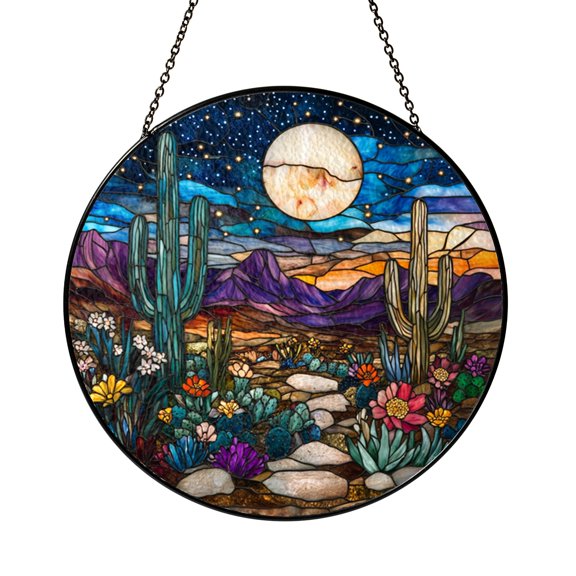 Desert Cactus Moon Scene Stained Glass Style Window Hanging Suncatcher, Decorative Boho Desert Glass Style Art Panel for Nature Window Decor Ornament Gift