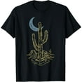 thumbnail image 1 of Desert Cactus Outline Under Crescent Moon Distressed T-Shirt men and women can wear, black, white, gifts, 1 of 4