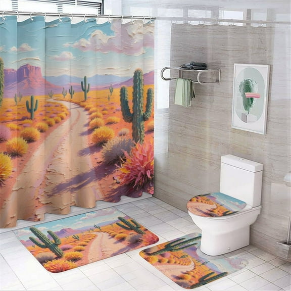 Desert Cactus Print Shower Curtain Set 4-Set Natural Scenery Theme Bathroom Decor Set Includes Floor Mat ,Toilet Cover Mat ,U-Mat ,Shower Curtain with 12 Hooks,72inx72in