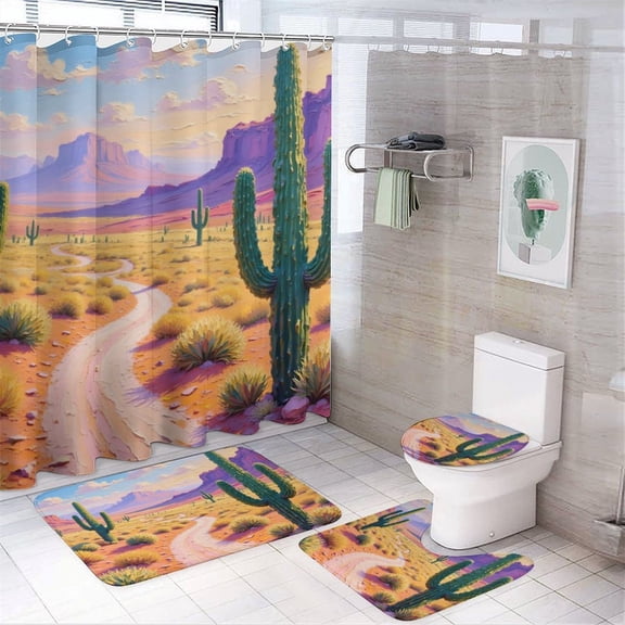 Desert Cactus Print Shower Curtain Set 4-Set Natural Scenery Theme Bathroom Decor Set Includes Floor Mat ,Toilet Cover Mat ,U-Mat ,Shower Curtain with 12 Hooks,72inx72in