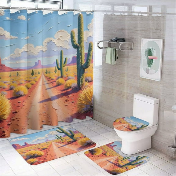 Desert Cactus Print Shower Curtain Set 4-Set Natural Scenery Theme Bathroom Decor Set Includes Floor Mat ,Toilet Cover Mat ,U-Mat ,Shower Curtain with 12 Hooks,72inx72in