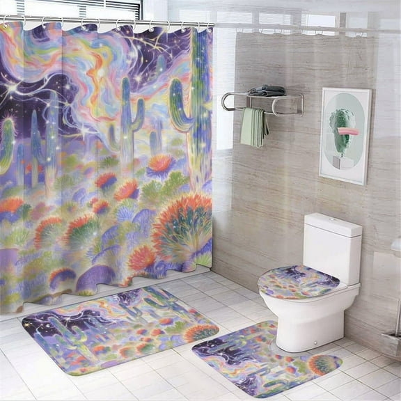 Desert Cactus Print Shower Curtain Set 4-Set Natural Scenery Theme Bathroom Decor Set Includes Floor Mat ,Toilet Cover Mat ,U-Mat ,Shower Curtain with 12 Hooks,72inx72in
