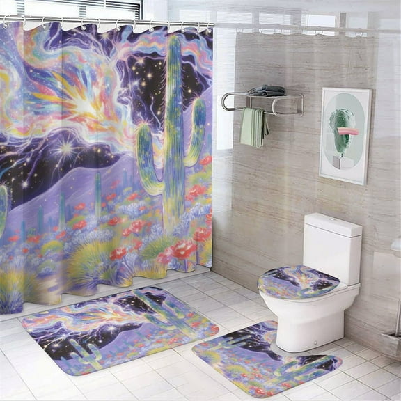 Desert Cactus Print Shower Curtain Set 4-Set Natural Scenery Theme Bathroom Decor Set Includes Floor Mat ,Toilet Cover Mat ,U-Mat ,Shower Curtain with 12 Hooks,72inx72in