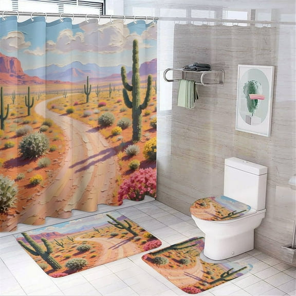 Desert Cactus Print Shower Curtain Set 4-Set Natural Scenery Theme Bathroom Decor Set Includes Floor Mat ,Toilet Cover Mat ,U-Mat ,Shower Curtain with 12 Hooks,72inx72in