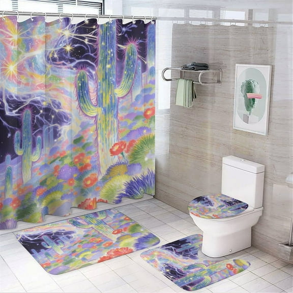 Desert Cactus Print Shower Curtain Set 4-Set Natural Scenery Theme Bathroom Decor Set Includes Floor Mat ,Toilet Cover Mat ,U-Mat ,Shower Curtain with 12 Hooks,72inx72in