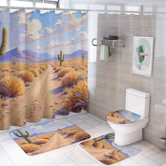 Desert Cactus Print Shower Curtain Set 4-Set Natural Scenery Theme Bathroom Decor Set Includes Floor Mat ,Toilet Cover Mat ,U-Mat ,Shower Curtain with 12 Hooks,72inx72in