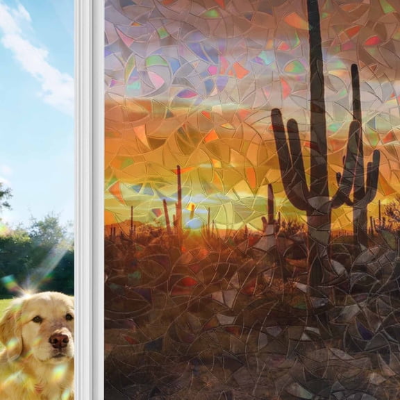 Desert Cactus Rainbow Window Privacy Film, Sunset Plant Nature Landscape Modern Stained Glass Window Film, Sun Blocking Glass Clings Static Cling Non Adhesive Door Stickers 17.7 x 39.3 Inches