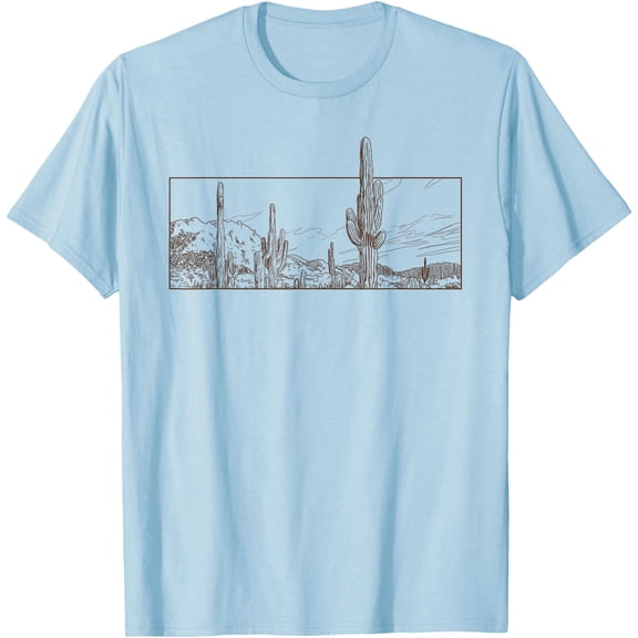 Desert Cactus Scene Retro Unisex T-Shirt for Men Women Kids Toddler,Light Blue Color,Size 4T