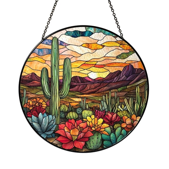 Desert Cactus Scene Stained Glass Suncatcher, Window Hanging Decor For Nature Homes
