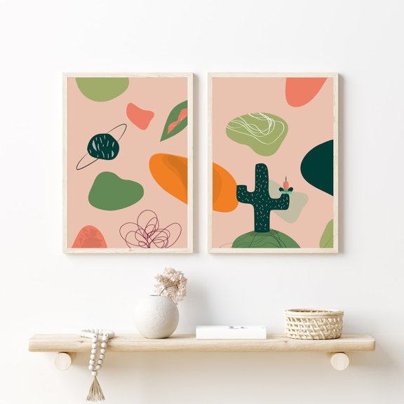 Desert Cactus Shapes Abstract Modern Mystic Trend Wall Art Set Set 2 Stretched Canvas 12x18