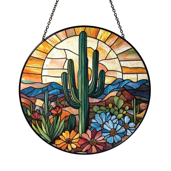 Desert Cactus Stained Glass Window Suncatcher, Southwestern Boho Plant Home Decor
