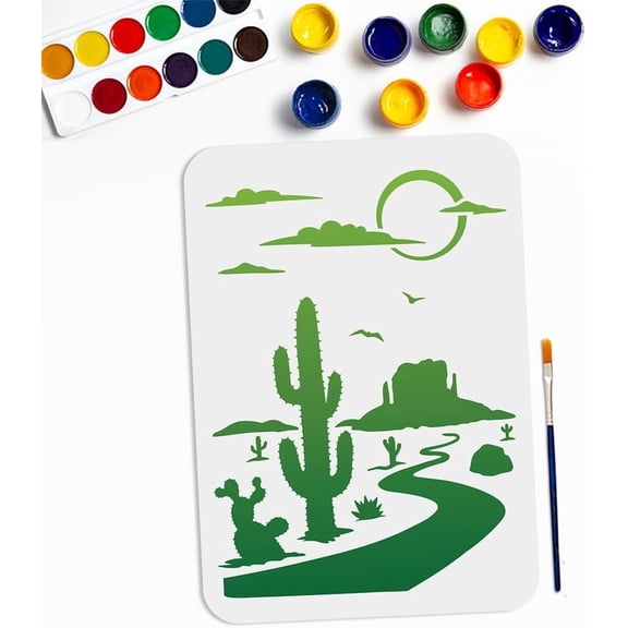 Desert Cactus Stencil 11.78.3inch Large Wilderness Desert Landscape Drawing Template with Paint Brush Reusable un Cloud Bird Cacti Stencils DIY