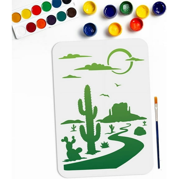 Desert Cactus Stencil 11.78.3inch Large Wilderness Desert Landscape Drawing Template with Paint Brush Reusable un Cloud Bird Cacti Stencils