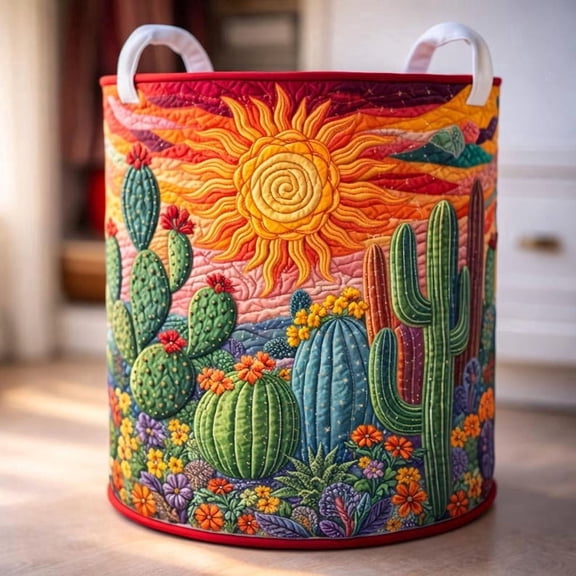 Desert Cactus Sun Quilted Laundry Basket, Colorful Fabric Hamper, Nursery Storage Bin, Handmade Style Home Decor Gift, Gift For Motherday